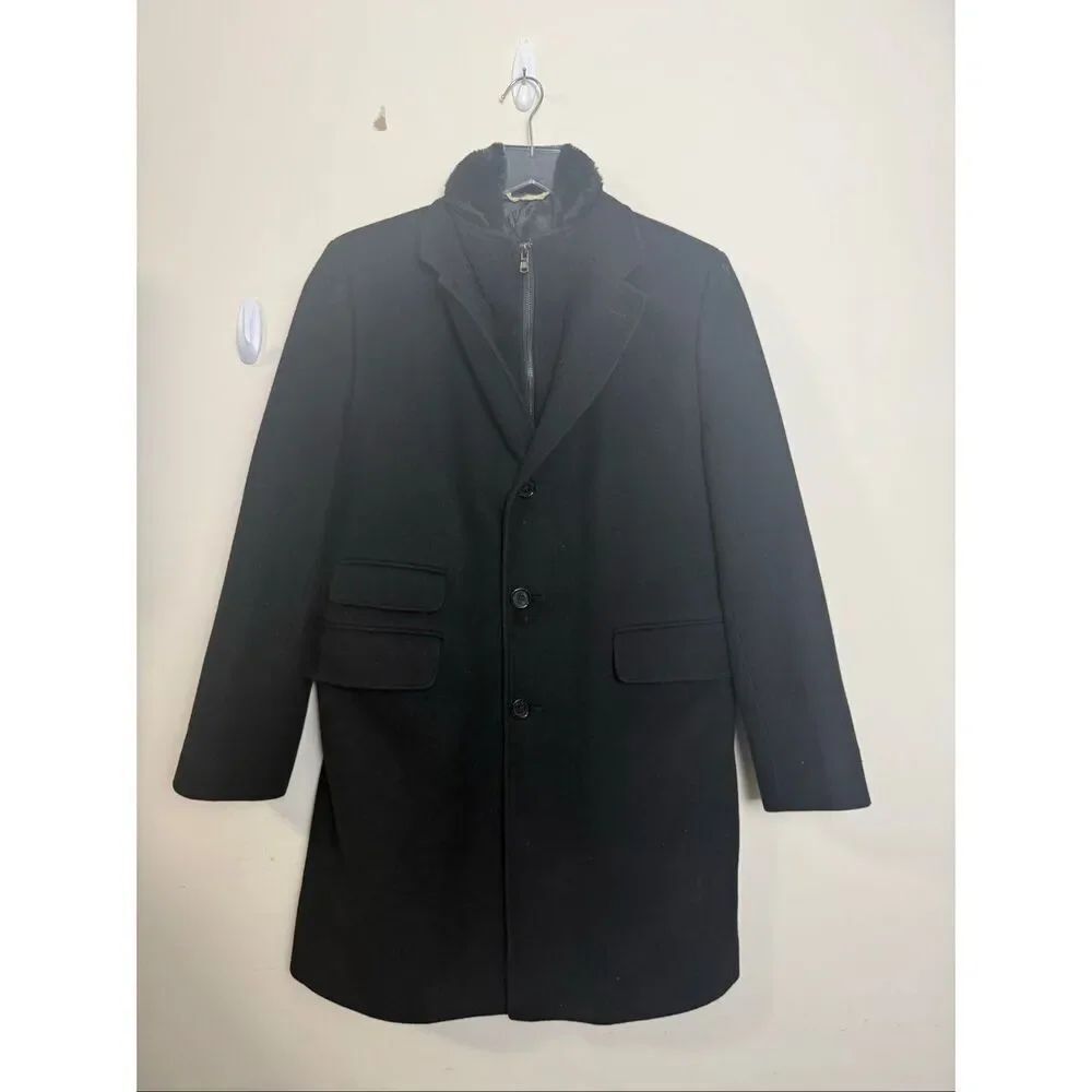 Michael Kors Black Wool Overcoat Jacket Men’s 40R Faux Fur Collar Layered Zip Li